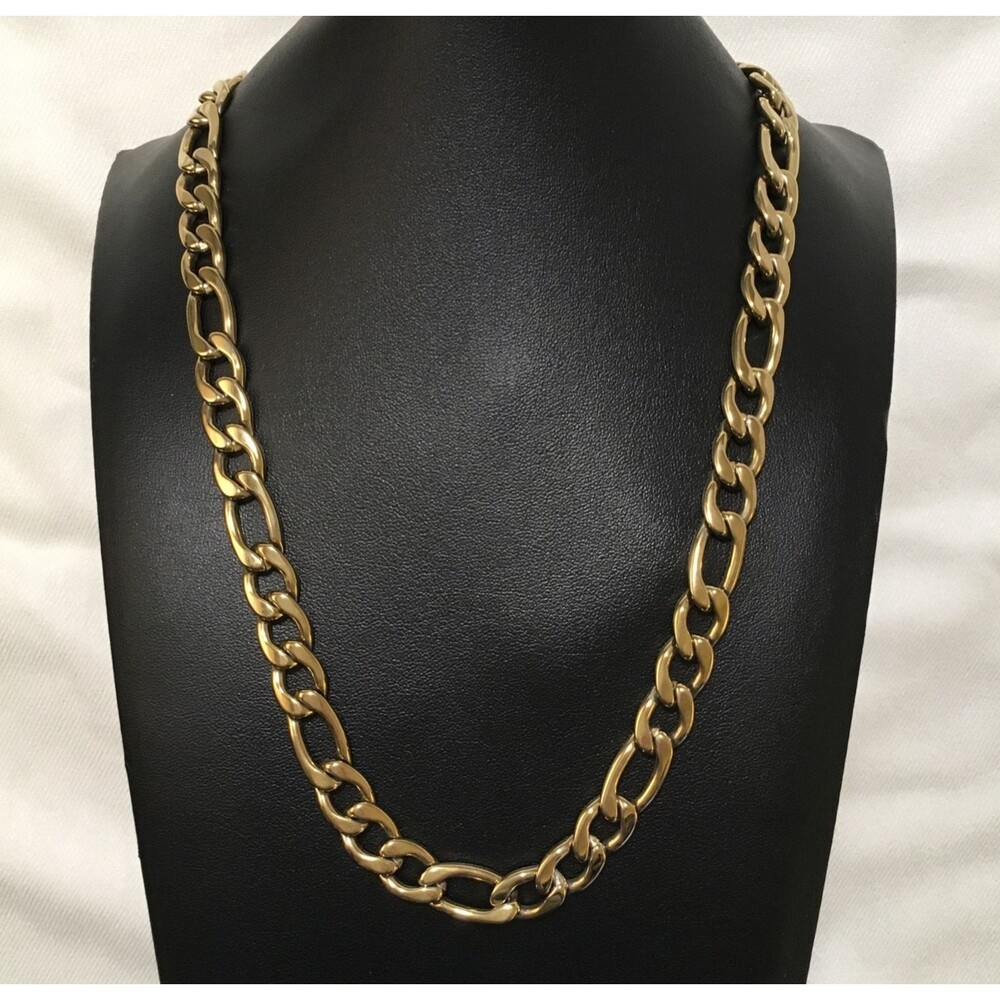 Gold Tone Figaro Chain Necklace 24" Statement